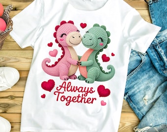 3D Knit Dinosaur Valentine PNG, Faux Yarn Always Together Shirt Design, Crochet Dino Sublimation, Textured Puff Print, Couple Heart Graphic