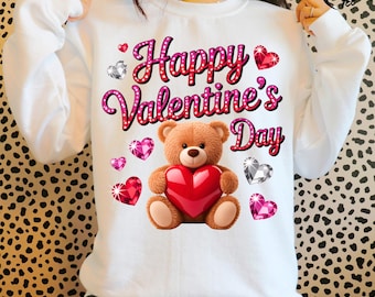 Glitter Valentines Day PNG, Rhinestone Teddy Bear Shirt Design, Sparkling Happy Valentine Sublimation, Fluffy Bear Heart, Digital Download