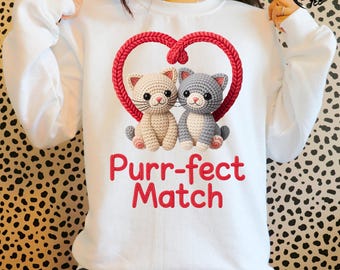 3D Knit Cat Valentine PNG, Faux Yarn Purrfect Match Shirt Design, Crochet Cats Sublimation, Textured Puff Print, Cat Lover Heart PNG, Cat