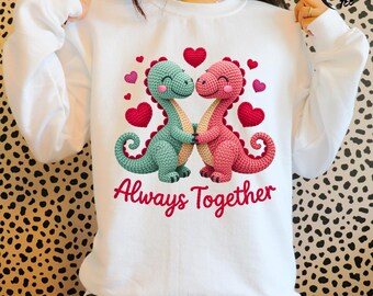 3D Knit Dinosaur Valentine PNG, Faux Yarn Always Together Shirt Design, Crochet Dino Sublimation, Textured Puff Print, Couple Heart Graphic