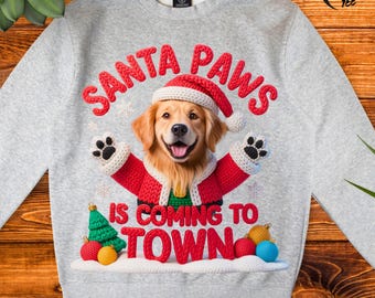 Christmas Shirt Design PNG, 3D Knit Golden Retriever Santa, Santa Paws Is Coming To Town, Cute Christmas Dog Sublimation, Holiday Pet PNG