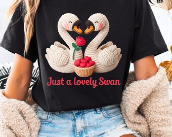 3D Knit Swan Valentine PNG, Faux Yarn Couple Rose Shirt Design, Crochet Swans Sublimation, Textured Puff Print, Romantic Heart Embroidery