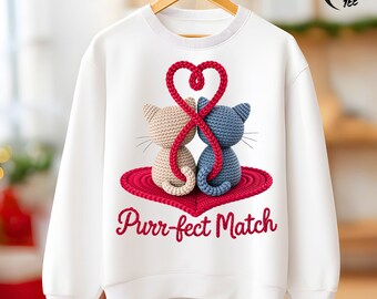 3D Knit Cat Valentine PNG, Faux Yarn Purrfect Match Shirt Design, Crochet Cats Sublimation, Textured Puff Print, Cat Lover Heart PNG, Cat