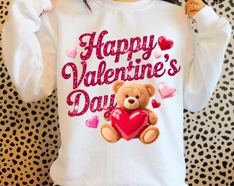 Cute Teddy Bear Valentine PNG, Faux Rhinestone Happy Valentines Day, Glitter Heart Shirt PNG, Fluffy Bear Sublimation, Valentine’s Day