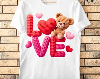 3D Knit Teddy Bear Valentine PNG, Faux Yarn Love Shirt Design, Crochet 3D Puff Love Bear PNG, Coquette Valentine PNG, Textured Puff Print