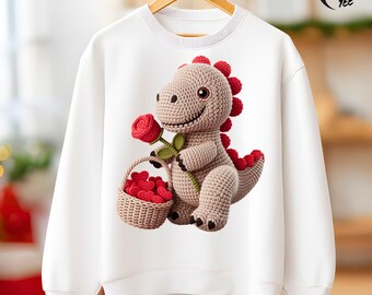 3D Knit Dinosaur Valentine PNG, Faux Yarn Dino Rose Heart Shirt Design, Crochet T-Rex Sublimation, Textured Puff Print, Cute Animal PNG