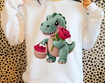 3D Knit Dinosaur Valentine PNG, Faux Yarn Dino Rose Heart Shirt Design, Crochet T-Rex Sublimation, Textured Puff Print, Cute Animal PNG
