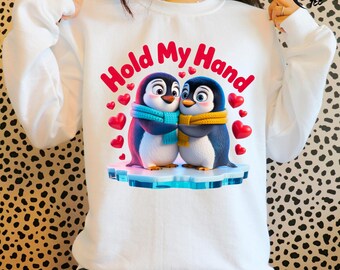 3D Penguin Valentine PNG, Hold My Hand Cute Shirt Design, Cartoon Penguin Sublimation, Valentine Graphic, Romantic Heart PNG, Cute Animal