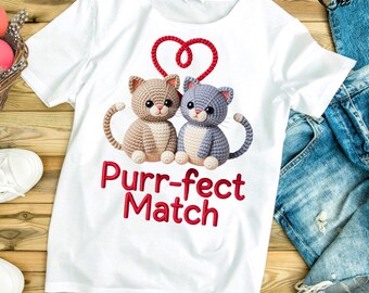 3D Knit Cat Valentine PNG, Faux Yarn Purrfect Match Shirt Design, Crochet Cats Sublimation, Textured Puff Print, Cat Lover Heart Graphic
