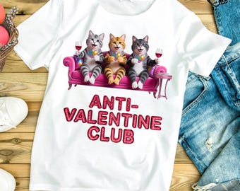 Anti Valentine Club PNG, Glitter Sparkle Cat Wine Shirt Design, 3D Bling Kitties, Galentine Sublimation, Funny Cat Lover, Funny Valentine