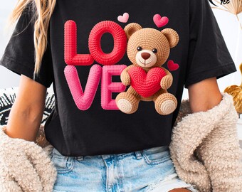 3D Knit Teddy Bear Valentine PNG, Faux Yarn Love Shirt Design, Crochet Effect Bear Sublimation, Coquette Valentine PNG, Textured Puff Print