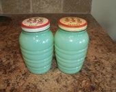 Fire King Anchor Hocking Jadite Jadeite Range Shakers w Tulip Lids