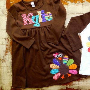 Fun, Colorful, Turkey Dress, Personalized Dress with Turkey Appliqué, Thanksgiving Turkey Dress, Long Sleeved, 3-6m to 8yrs