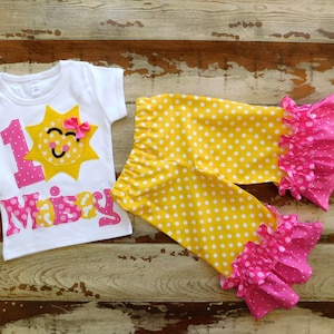 First Birthday You Are My Sunshine Applique Shirt Smiling Sun Any Age Pink Yellow Sunshine Birthday Shirt Personalized