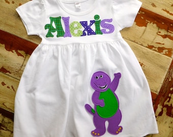 Barney Personalized Dress, Barney Birthday, Dinosaur Birthday, Short, Sleeveless or Long Sleeved white or lavender, 3-6m to 8yrs