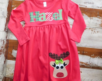 Red Christmas Dress, Personalized Dress with Reindeer Appliqué, Long Sleeved 3-6m to 8yrs