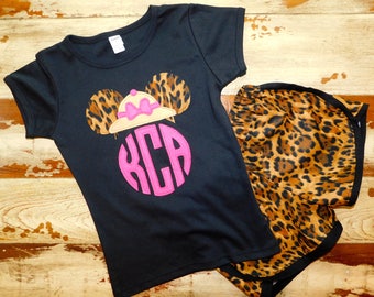 Animal Kingdom Disney Outfit...Minnie Top Tank or Shirt with monogram, with cheetah Minnie Shorts, 6-12m to 12 years, Disney Birthday