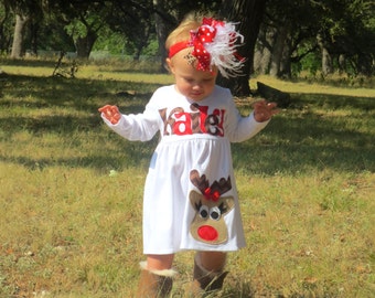 Christmas Dress, Personalized Dress with Reindeer Appliqué, Long Sleeved 3-6m to 8yrs, Chevron lettering