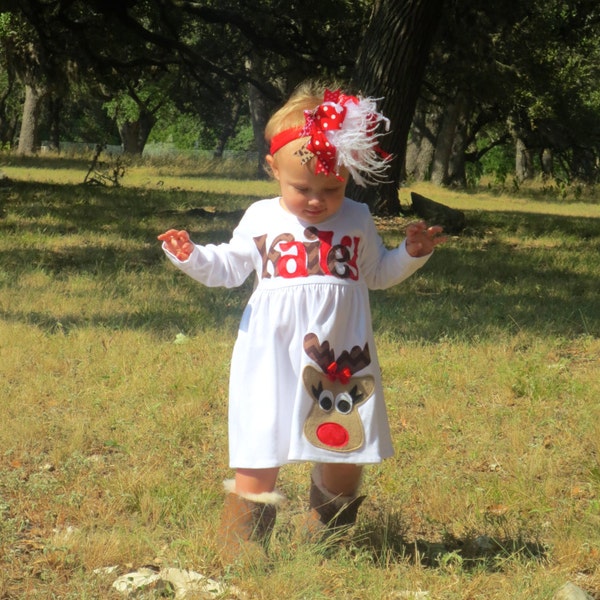 Christmas Dress, Personalized Dress with Reindeer Appliqué, Long Sleeved 3-6m to 8yrs, Chevron lettering