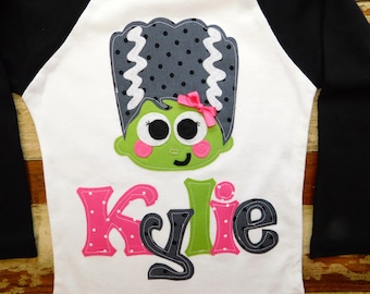 Girls Halloween Long Sleeved Personalized Frankenstein, Bride of Frankenstein, Girl Frankenstein Shirt, Size 6-12m to 12yrs