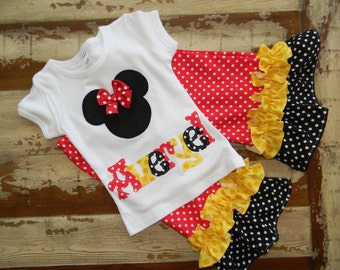 Disney Outfit...Minnie Top with Double Ruffle Pants - 0-3m to 8 years... Long or Short Sleeved