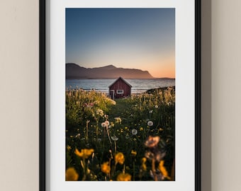 Norway Photo Poster: Cabin under the Midnight Sun in Lofoten I Fine Art Print