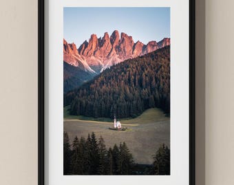 Italy Photo Poster: Glowing mountains behind the St. Johann Church in South Tyrol I Fine Art Print