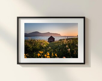Norway Photo Poster: Cabin under the Midnight Sun in Lofoten I Fine Art Print