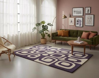 Alfombra abstracta de lana morada, moderna alfombra geométrica hecha a mano.