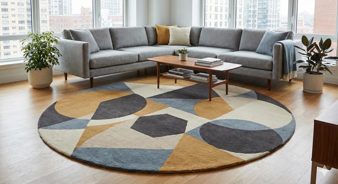 Modern Round Geometric Hand Tufted Rug - Mustard Yellow, Grey, and Blue ...