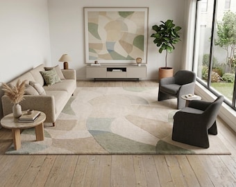 Alfombra de lana tejida a mano, alfombra minimalista escandinava abstracta, color verde salvia beige.