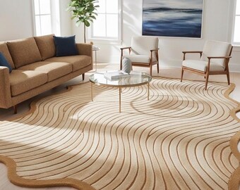 Organic Abstract tufted Rug, Modern Beige & Gold Wavy Pattern, Custom Size