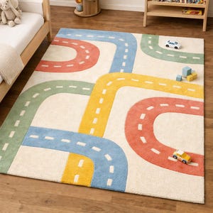 Alfombra infantil con senderos lúdicos / Alfombra tejida a mano con diseño de pista de carretera / Decoración moderna Montessori para sala de juegos y guardería / Alfombra interactiva para niños