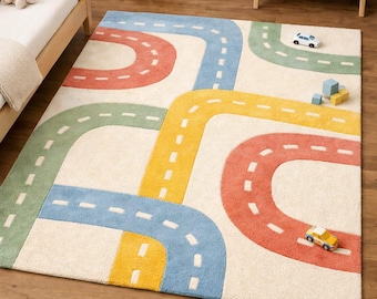 Playful Pathways Kids Rug | Hand Tufted Road Track Carpet | Modern Montessori Playroom & Nursery Decor | Interactive Children's Area Rug