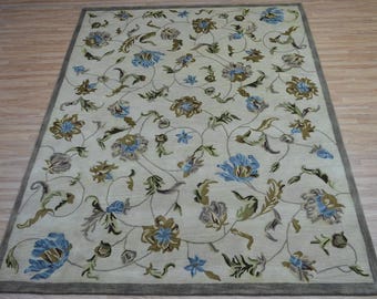 Hand tufted floral rug wool rug with blue & green living room bedroom