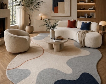 Alfombra de lana tejida a mano: Forma orgánica abstracta, alfombra moderna para sala de estar.