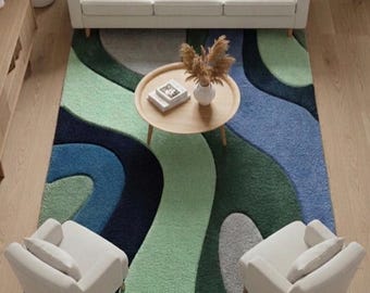 Abstract Green Blue Hand Tufted Wool Rug, Modern Area Rug, Organic Curved Shape Carpet, Contemporary Living Room Decor, Custom Handmade Rug