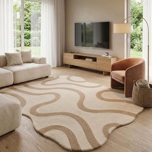 Modern Organic Wave Hand Tufted Wool Rug | Luxury Irregular Neutral Area Rug | Japandi Minimalist Custom Carpet