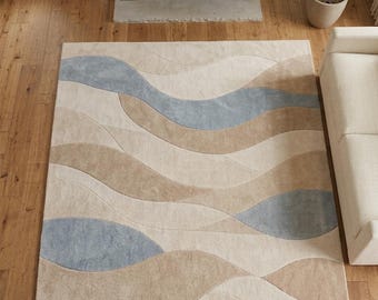 Coastal Wave Area Rug, Hand Tufted Abstract Ocean Carpet, Modern Scandinavian Living Room Rug, Beige Blue Neutral Decor, Luxury Contemporary