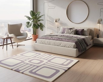 Hand Tufted Wool Rug, Modern Geometric Lavender & White Area rug