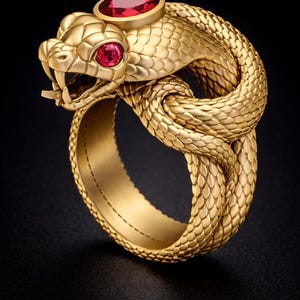 May include: A gold-colored snake ring with a detailed scale pattern. The snake's head features a red gemstone eye and a larger red gemstone on top of the head. The ring is set against a black background.
