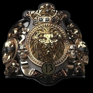 Anello gotico con testa di leone e teschio placcato oro, gioiello importante con corona reale, regalo per lui