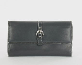 Coach Vintage Black Leather Silver Buckle Trifold Checkbook Wallet