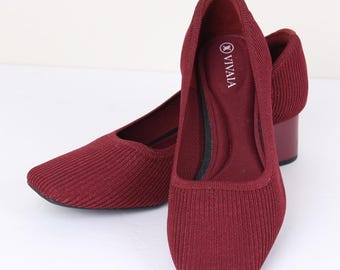 VIVAIA Melody 2.0 Square Toe Block Heel Pumps Bordeaux Red Knit Size 39.5