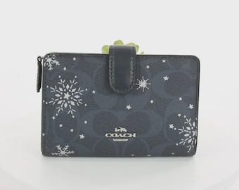 Coach Signature Navy Blue Snowflake Pattern Corner Zip Wallet C1927