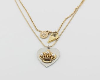 Juicy Couture Layered Multi Chain Heart Crown Charm Necklace Gold Tone