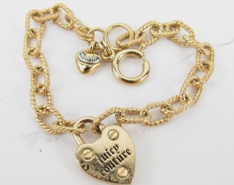 Juicy Couture Vintage Gold Tone Logo Heart Lock Paperclip Link Bracelet