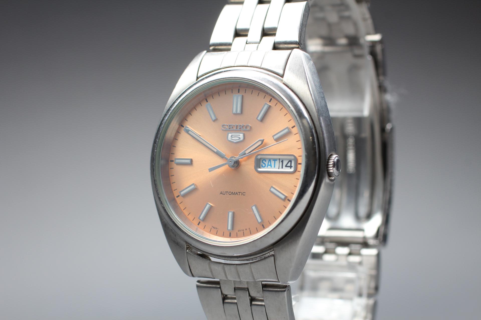 Exc+5 SEIKO 5 7S26-0430 SNXA11 Salmon Pink Automatic Day Date Mens