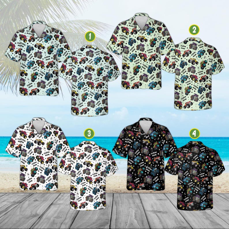 May include: Four short-sleeved button-down shirts with a monster truck pattern. The shirts are in various colors, including white, light green, and black. Each shirt features a repeating pattern of monster trucks and the text "Custom Name".