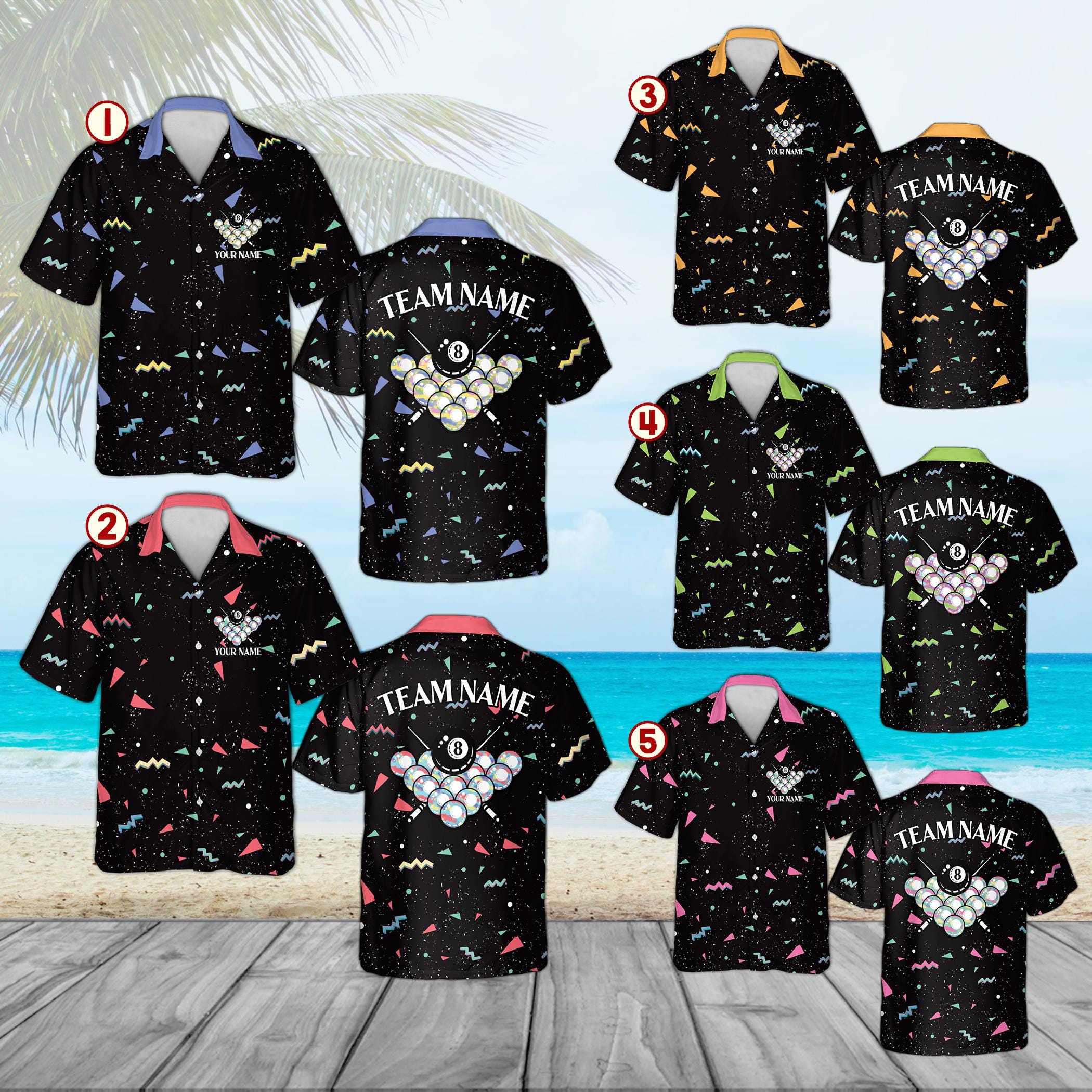 Discover Personalized Billiards Hawaiian Shirt, Custom Name Pool Team Shirt, Geometric 8 Ball Bowling Style, Pool League Tournament Outfit